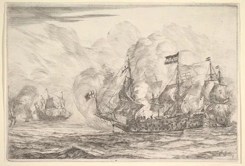Naval Encounter with Three Vessels on the Right, from Naval Battles (Nieuwe Scheeps Batalien), plate 7 by Reinier Nooms, print, 1652-1654