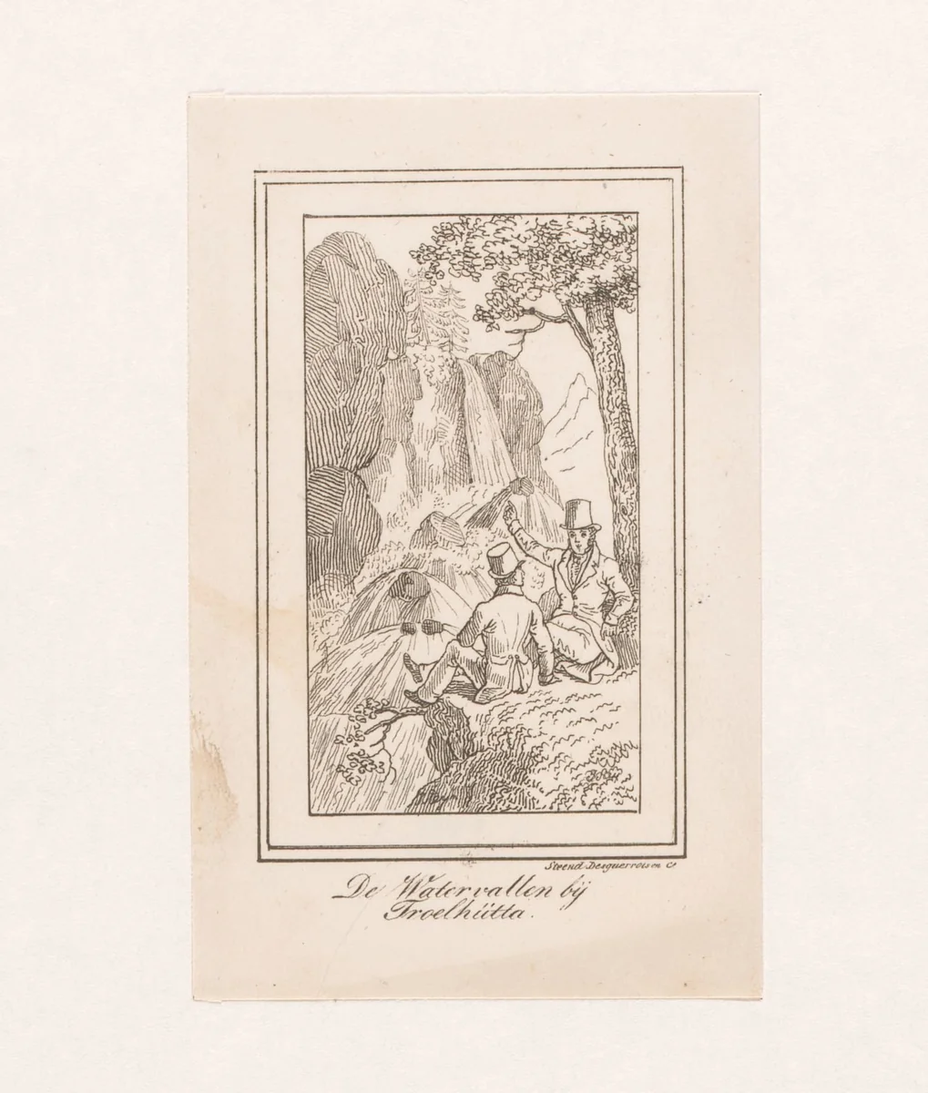 Mannen bij waterval by Johannes Steyn, print, 1836