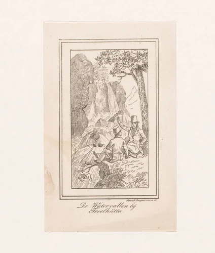 Mannen bij waterval by Johannes Steyn, print, 1836