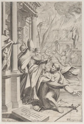 Saint Ambrose repelling Emperor Theodosius by Johann Jakob Thurneysen, print, 1652-1711