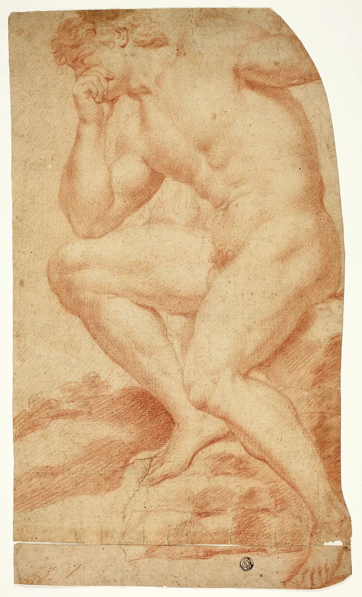 Seated Academic Male Nude in Profile to Left by Andrea Camassei, drawing, 1600-1699