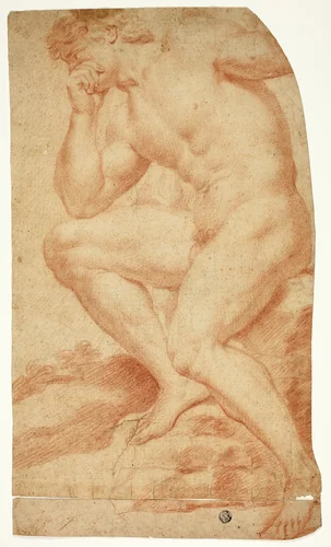 Seated Academic Male Nude in Profile to Left by Andrea Camassei, drawing, 1600-1699