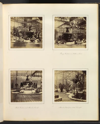 [View of Fountain and Byzantine Court; Bronze Fountain in Northern Nave; Monti's Fountain, and Alhambra Court; Alhambra Court from North Transept] by Philip Henry Delamotte, photograph, 1857-1861