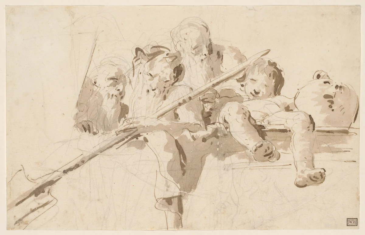 A River God and Other Figures on a Parapet by Giovanni Battista Tiepolo, drawing, 1737-1743