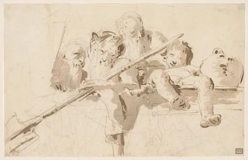 A River God and Other Figures on a Parapet by Giovanni Battista Tiepolo, drawing, 1737-1743