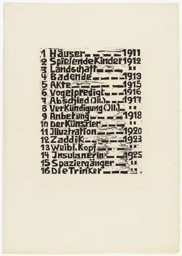 Table of Contents (Oglavlenie) from 16 Woodcuts (16 Holzschnitte) by Walter Helbig, print, 1926
