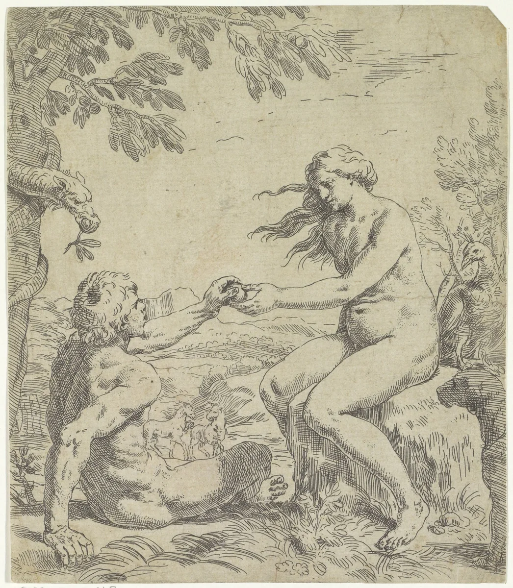 Verleiding van Adam by Simone Cantarini, print, 1622-1648