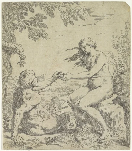 Verleiding van Adam by Simone Cantarini, print, 1622-1648
