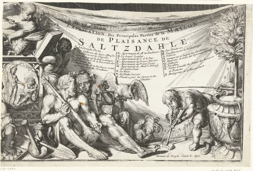 Gezicht op kasteel Salzdahlum (rechterdeel van onderste blad) by Romeyn de Hooghe, print, 1694-1701