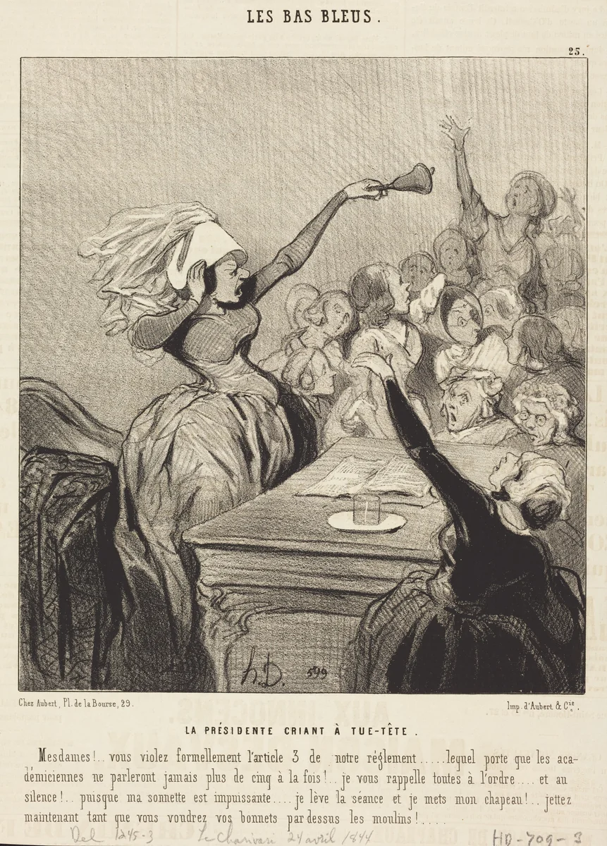 La Présidente criant a tue-tête: Mesdames!... by Honoré Daumier, print, 1844