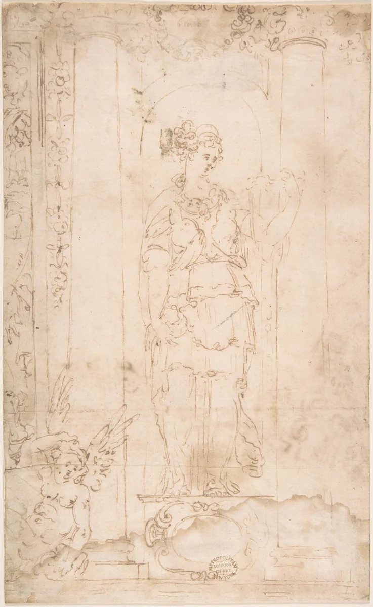 Allegory or Goddess (Juno?) by Perino del Vaga, drawing, 1500-1600