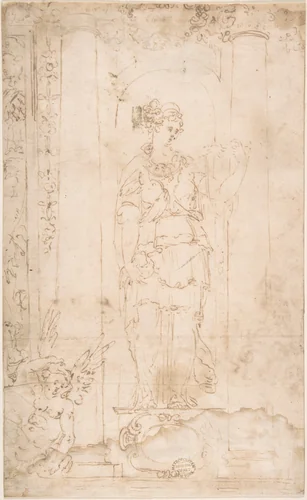 Allegory or Goddess (Juno?) by Perino del Vaga, drawing, 1500-1600