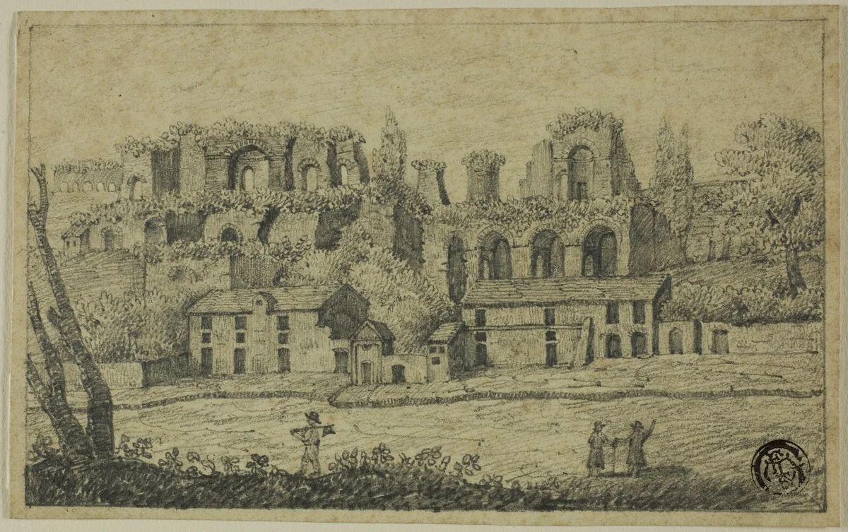 River Landscape with Roman Ruins by Unknown Artist, drawing, 1700-1799