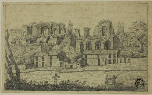 River Landscape with Roman Ruins by Unknown Artist, drawing, 1700-1799