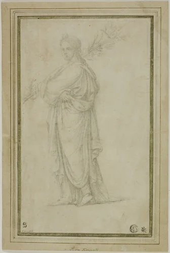 Standing Draped Female Figure Carrying Trumpet, Flowers by Girolamo Sellari, drawing, 1521-1556