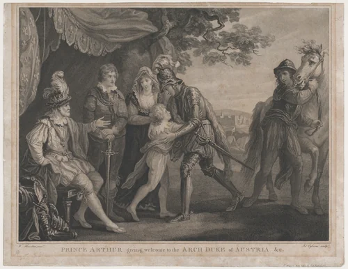 Prince Arthur Giving Welcome to the Archduke of Austria, etc. (Shakespeare, King John, Act 2, Scene 1) by John Ogborne, print, 1791