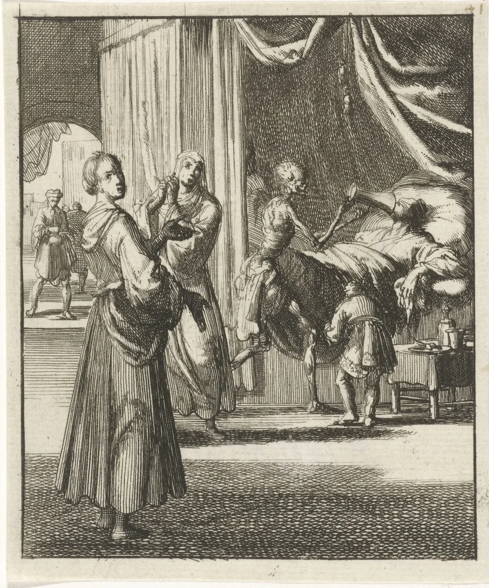 Vrouw wijst op de Dood die een figuur op zijn sterfbed een beker laat leegdrinken by Jan Luyken, print, 1687