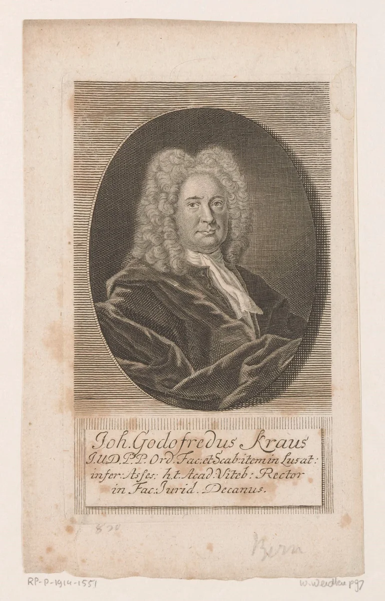 Portret van Johann Gottfried Kraus by Martin Bernigeroth, print, 1732