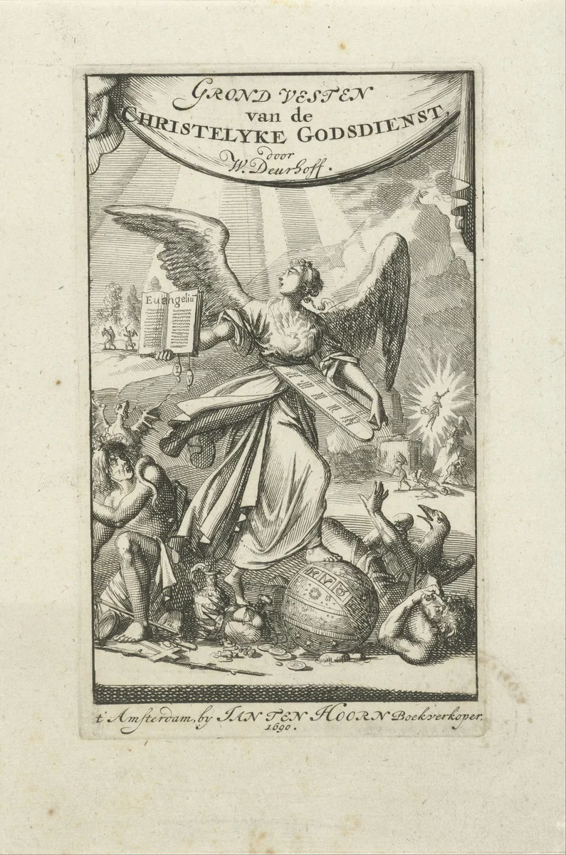 Ware Geloof met in haar handen de tafelen der wet en het evangelie by Jan Luyken, print, 1690