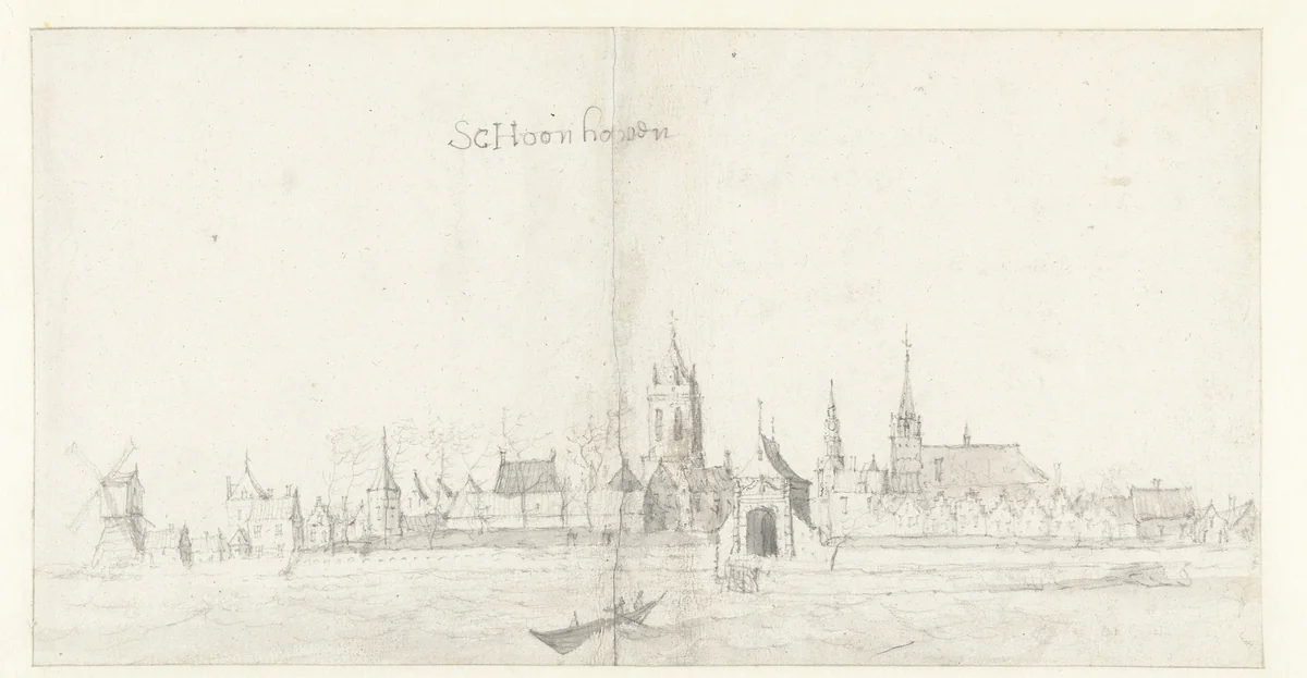 Gezicht op Schoonhoven vanaf de Lek by Jan Abrahamsz. Beerstraten, drawing, 1649-1700