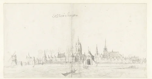 Gezicht op Schoonhoven vanaf de Lek by Jan Abrahamsz. Beerstraten, drawing, 1649-1700