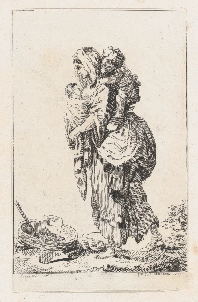 Peasant Woman with Two Children by Catherine-Francoise Beauvarlet, print, 1753-1763