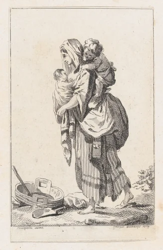 Peasant Woman with Two Children by Catherine-Francoise Beauvarlet, print, 1753-1763