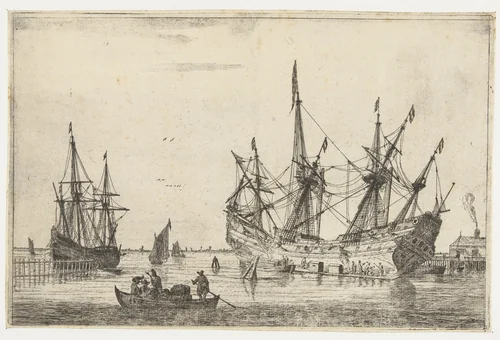 Waterdichtmaken van de romp van een schip by Reinier Nooms, print, 1650-1664