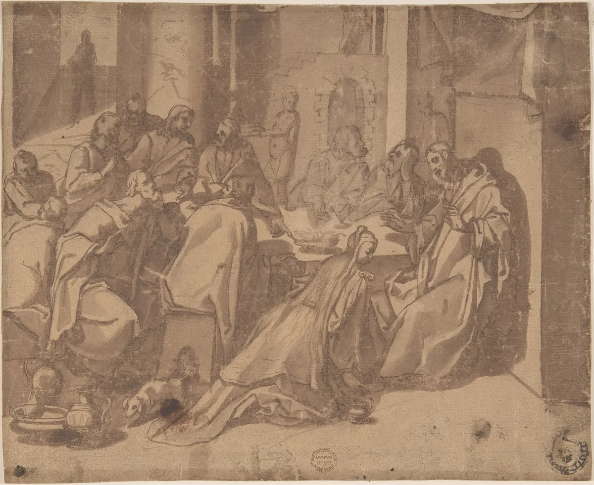 Mary Magdalen Annointing the Feet of Christ by Raffaellino da Reggio, drawing, 1570-1573