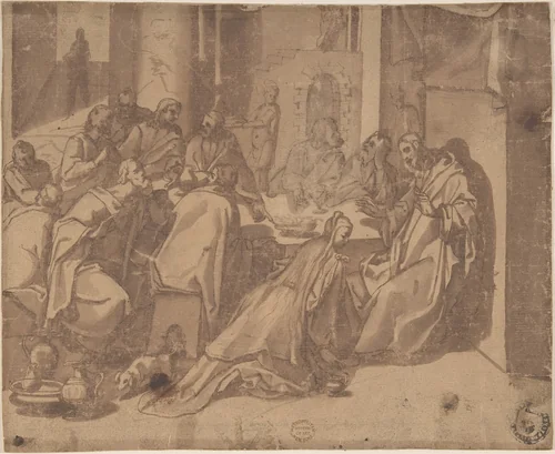 Mary Magdalen Annointing the Feet of Christ by Raffaellino da Reggio, drawing, 1570-1573
