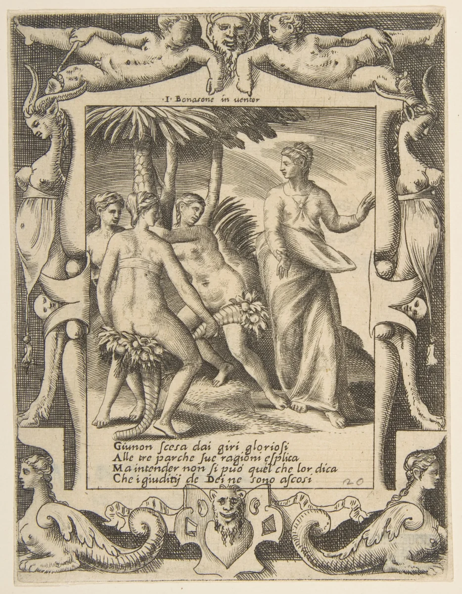 Juno at the right turning and speaking to the Fates, set within an elaborate frame, from "Loves, Rages and Jealousies of Juno" by Giulio Bonasone, print, 1531-1576