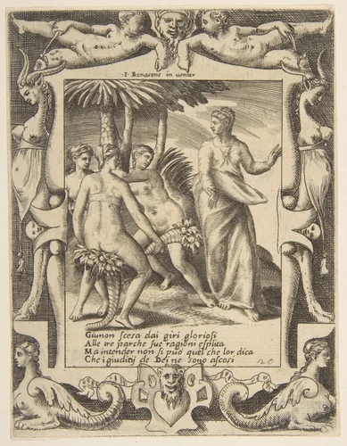 Juno at the right turning and speaking to the Fates, set within an elaborate frame, from "Loves, Rages and Jealousies of Juno" by Giulio Bonasone, print, 1531-1576