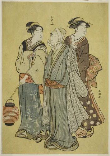 A Young Man Dressed as an Actor of the Ichikawa Family (by Shunsho), a Maid and a Geisha (by Shuncho) by Katsukawa Shunsho
Katsukawa Shuncho, print, 1785-1789