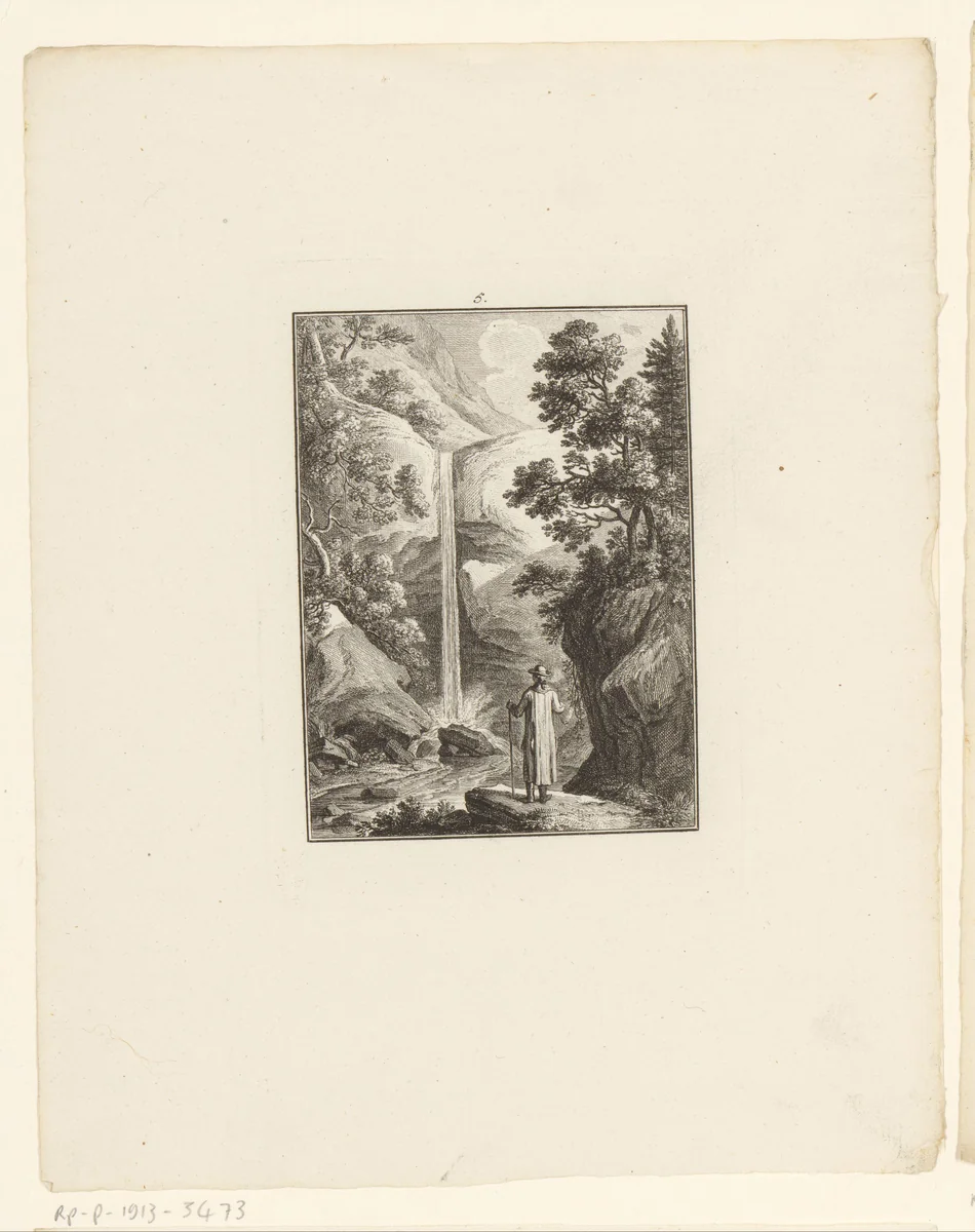 Landschap met waterval en wandelaar by Johann Rudolph Schellenberg, print, 1781