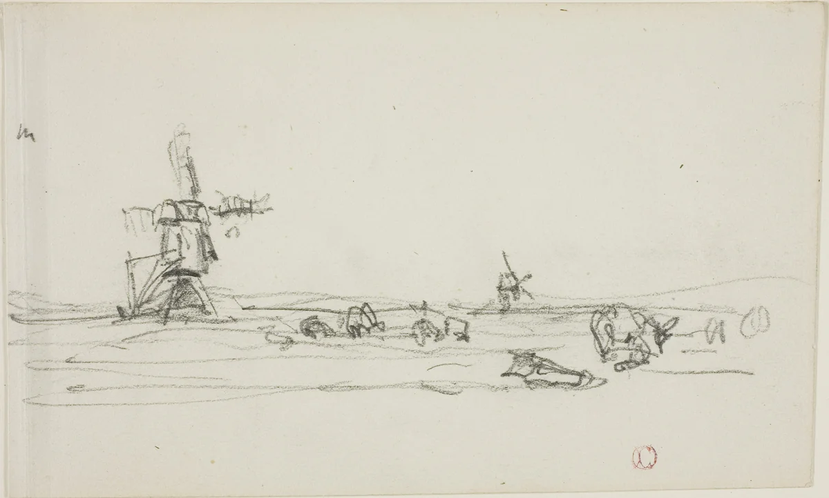Landscape in Holland (recto); Sketch of Windmills by Water (verso) by Charles-François Daubigny, drawing, 1837-1878