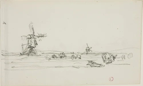 Landscape in Holland (recto); Sketch of Windmills by Water (verso) by Charles-François Daubigny, drawing, 1837-1878