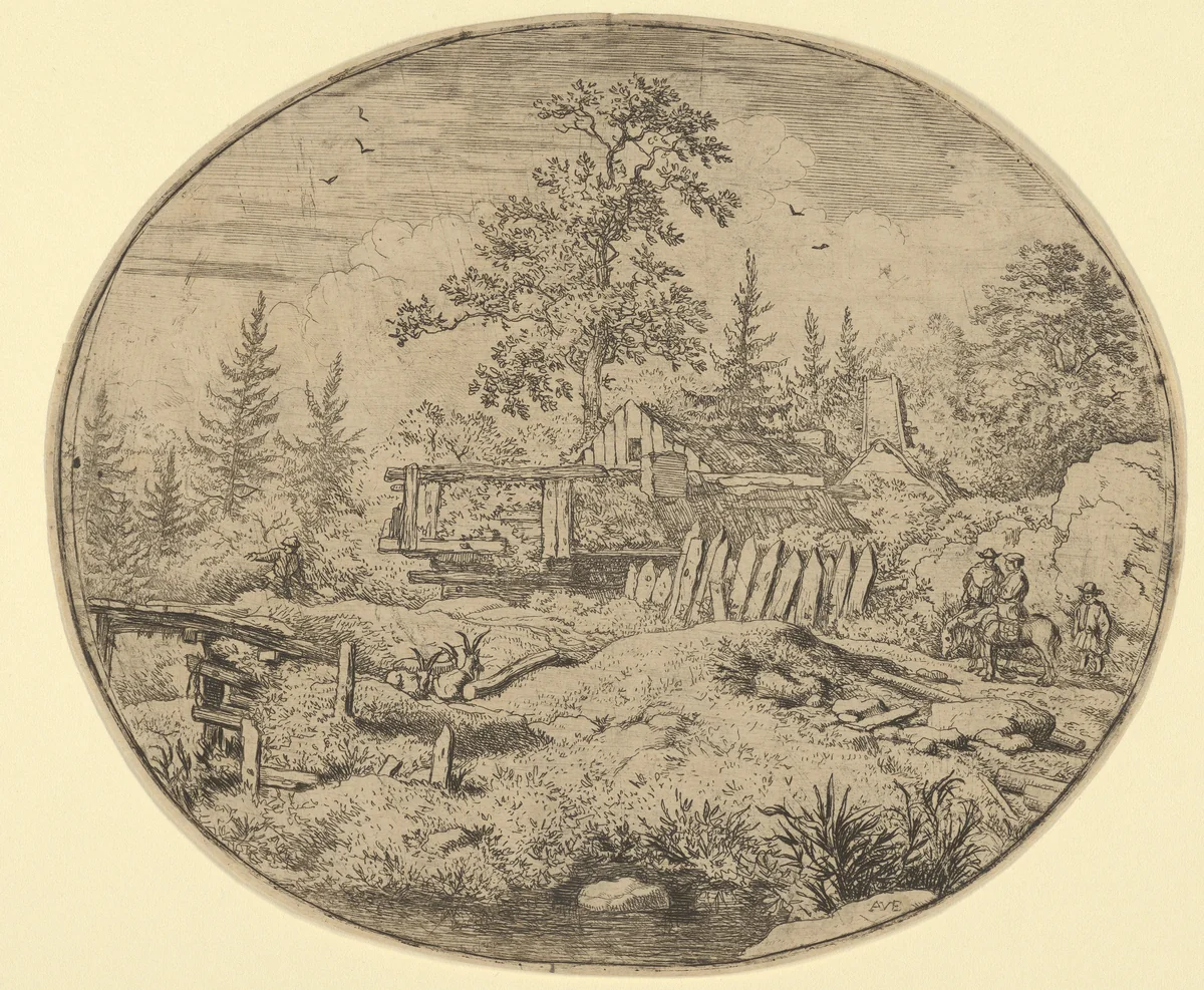 The Landscape with the Wooden Bridge by Allart van Everdingen, print, 1621-1675