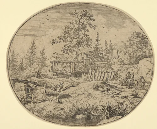 The Landscape with the Wooden Bridge by Allart van Everdingen, print, 1621-1675