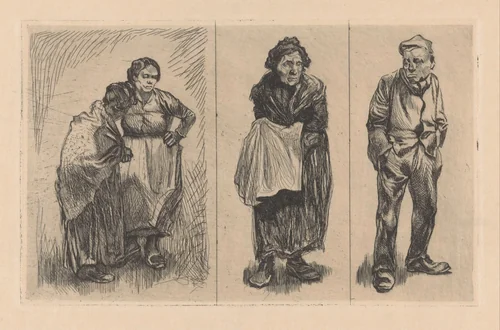 Drie voorstellingen met menselijke figuren by Johannes Josephus Aarts, print, 1881-1934