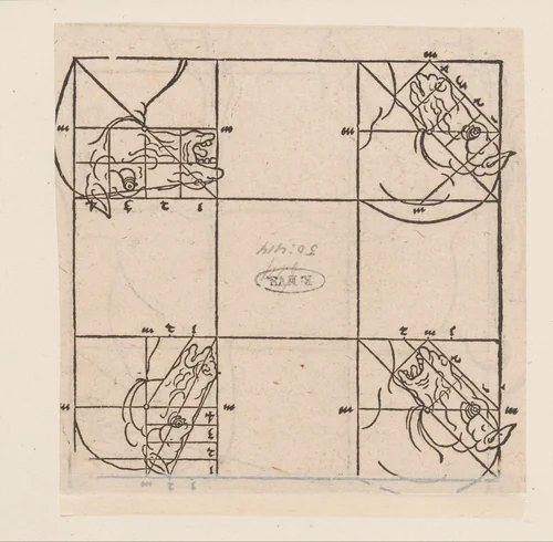 Modellen voor vier hoofden van paarden by anonymous, print, 1565