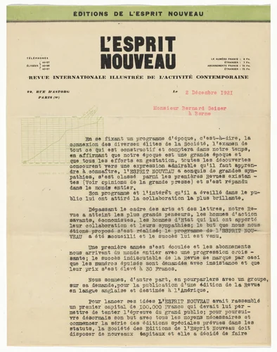 L’Esprit Nouveau letterhead (Letter to Bernard Geiser) by Unidentified Designer, design, 1921