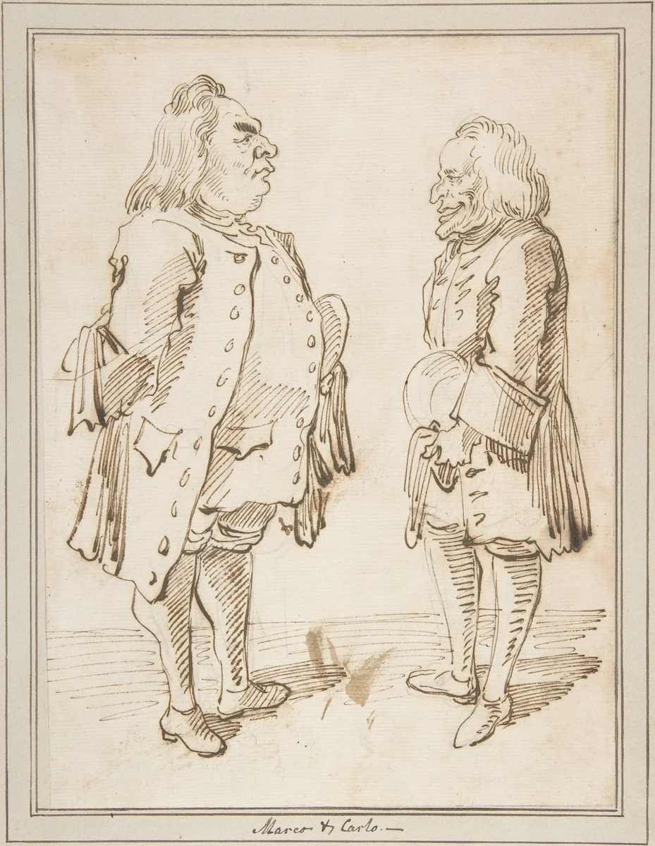 Marco and Carlo: Caricature of Two Men Standing Face to Face by Pier Leone Ghezzi, drawing, 1674-1755