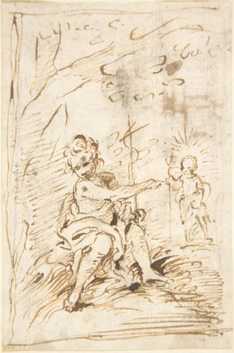 The Infant Saint John the Baptist with the Infant Christ in the Wilderness (recto); Fragment of Architectural Design with Engaged Corinthian Columns (verso) by Pedro Duque Cornejo, drawing, 1695-1755