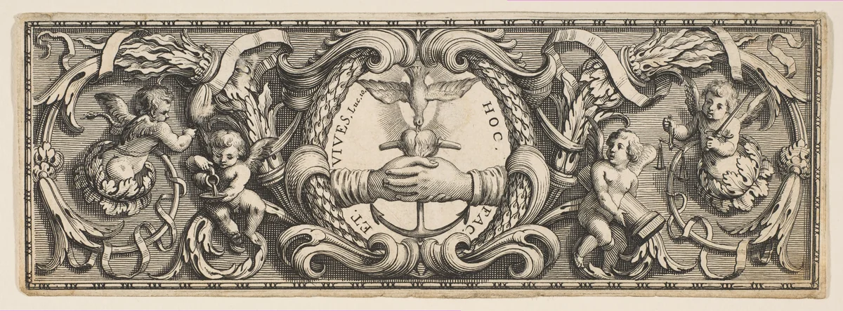 Frieze of Ornament with Clasped Hands and Anchor by Abraham Bosse, print, 1625-1676