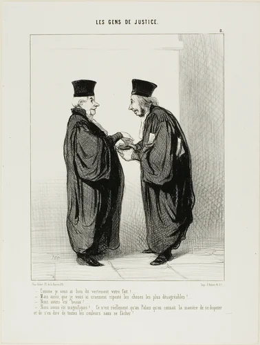“- I really gave you a good dressing down... - And I didn't mince matters in my reply.... - We were both excellent... - We were superbe. It's really only in the Palace of Justice that people know how to argue and call each other all kinds of names without really getting angry...,” plate 8 from Les Gens De Justice by Honoré-Victorin Daumier, print, 1845