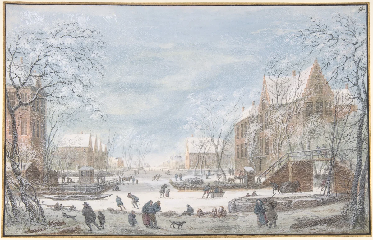 Snow Falling on a Dutch Town by Abraham Rademaker, drawing, 1685-1735