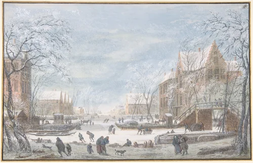 Snow Falling on a Dutch Town by Abraham Rademaker, drawing, 1685-1735