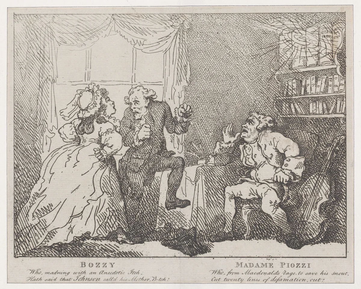 Bozzy and Madame Piozzi (Frontispiece, "Bozzy and Piozzi" by Peter Pindar) by Thomas Rowlandson, print, 1780-1786