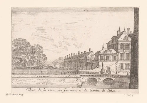 Gezicht op het Hof van de Fontein en de tuinen van kasteel Fontainebleau by Israël Silvestre, print, 1631-1691