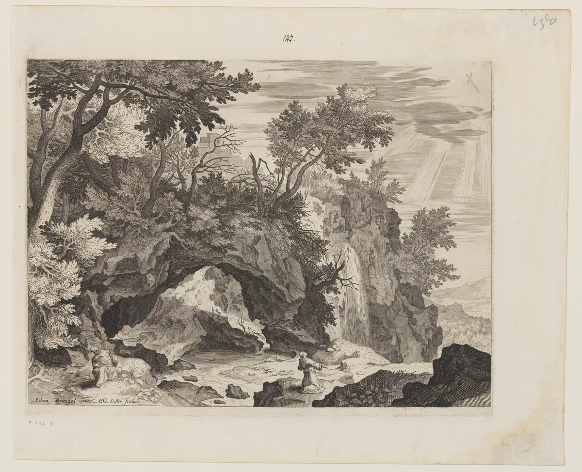 Rocky Landscape with The Stigmatization of St. Francis by Aegidius Sadeler Jan Brueghel, print, 1590-1620